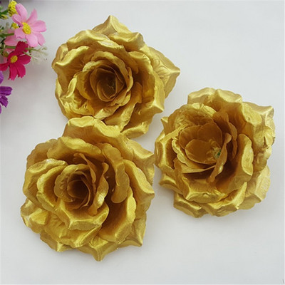 10PCS 10cm Gold Silk Rose Artificial Flower Head Wedding Party Домашна Коледа Направи си сам Ръчно изработени занаяти Симулация на фалшиви цветя