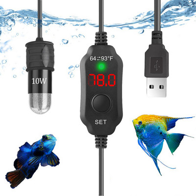 Надстройте 10W мини нагревател за аквариумни аквариуми, USB нагревател за вода, предпазен потопяем термостат, нагревател, регулируема температура