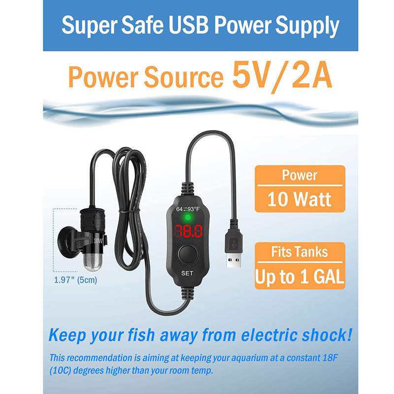 Jauninājums 10 W mini akvārija zivju tvertņu sildītājs USB ūdens sildīšanas stieņa drošība zemūdens termostata sildītājs ar regulējamu temperatūru