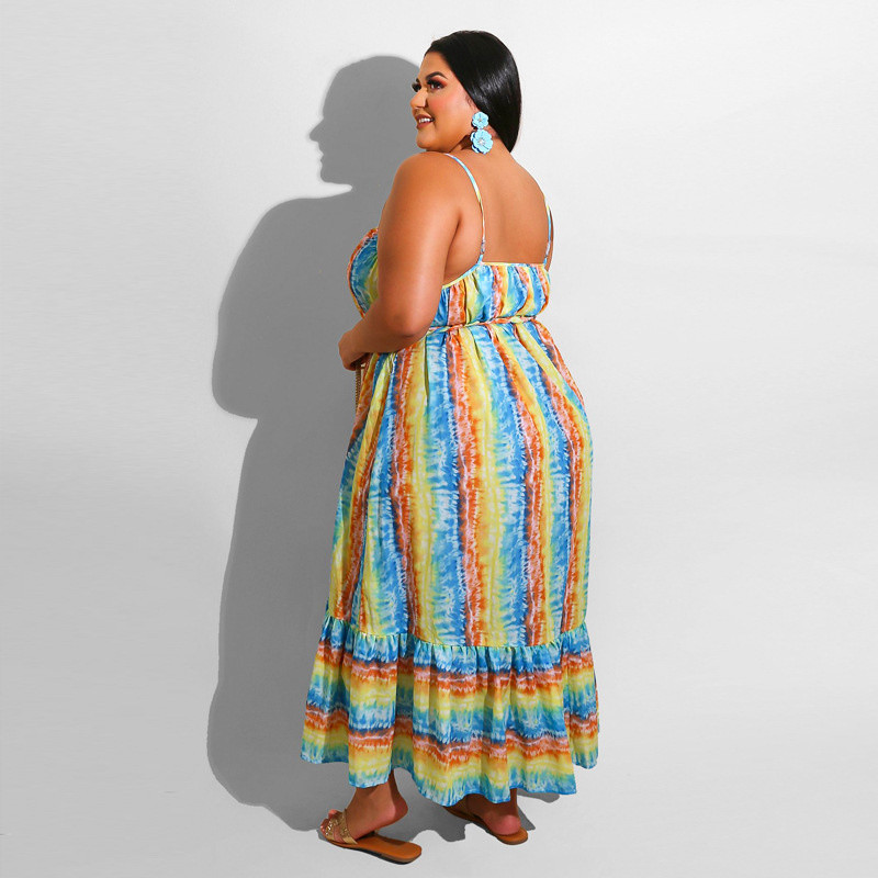 Liela izmēra sieviešu apģērbi vasaras jauni ikdienas modes varavīksnes svītru krāsas Sling sieviešu kleitas 3xl 4xl 5xl 6xl