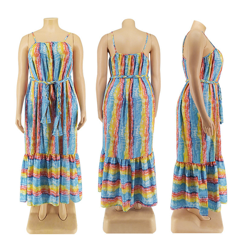Liela izmēra sieviešu apģērbi vasaras jauni ikdienas modes varavīksnes svītru krāsas Sling sieviešu kleitas 3xl 4xl 5xl 6xl