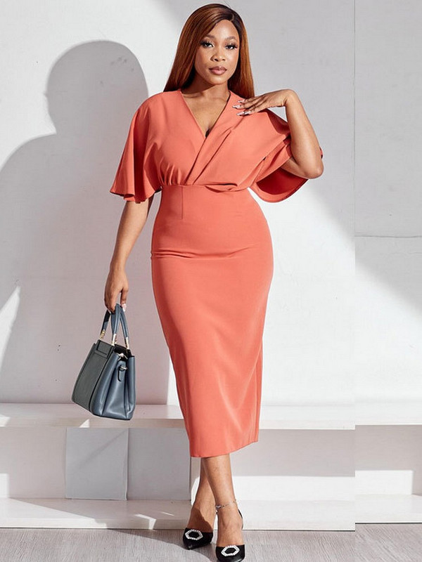 ZJFZML ZZ Nagy méretű női ruházat 2023 fekete narancssárga mély V nyakú, rövid ujjú, magas derékú csomag csípő lábszárközép hossz Vestidos