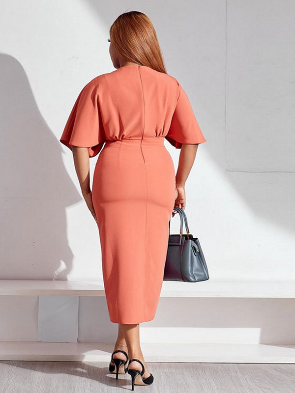 ZJFZML ZZ Nagy méretű női ruházat 2023 fekete narancssárga mély V nyakú, rövid ujjú, magas derékú csomag csípő lábszárközép hossz Vestidos