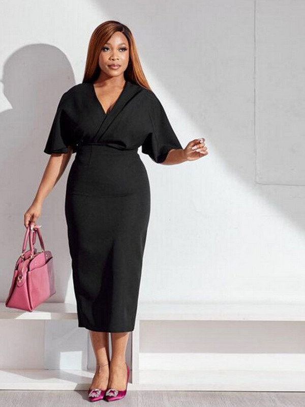 ZJFZML ZZ Nagy méretű női ruházat 2023 fekete narancssárga mély V nyakú, rövid ujjú, magas derékú csomag csípő lábszárközép hossz Vestidos