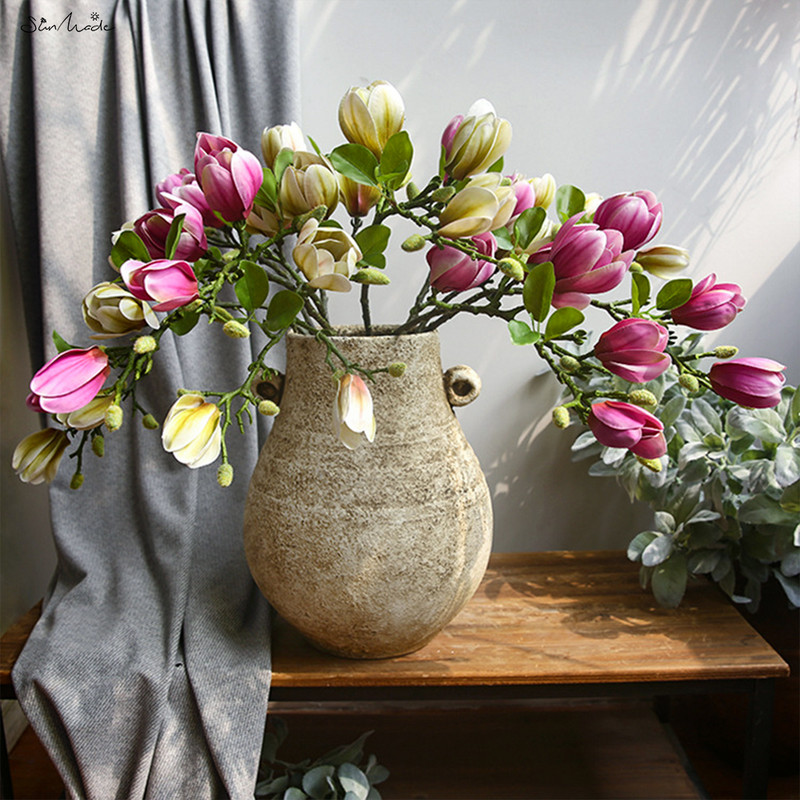 SunMade rudens pastorāls magnolijas pumpuru zars Lateksa mākslīgie ziedi Mājas kāzu dekorēšana Dzīvojamās istabas dekors Flores Artificales