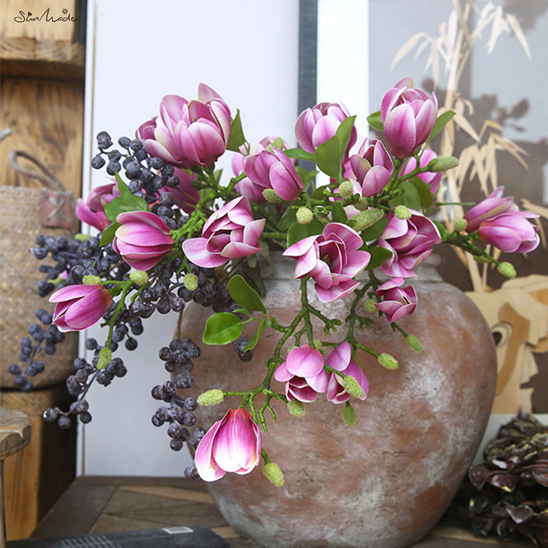 SunMade rudens pastorāls magnolijas pumpuru zars Lateksa mākslīgie ziedi Mājas kāzu dekorēšana Dzīvojamās istabas dekors Flores Artificales