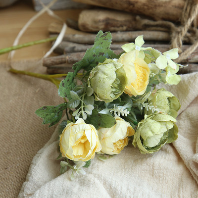 Zaļie mākslīgie ziedi Peonija tējas roze rudens zīda viltoti ziedi dzīvojamās istabas mājas dārzam kāzu dekorēšanai