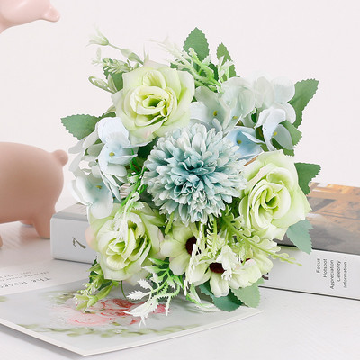 Zaļie mākslīgie ziedi Peonija tējas roze rudens zīda viltoti ziedi dzīvojamās istabas mājas dārzam kāzu dekorēšanai