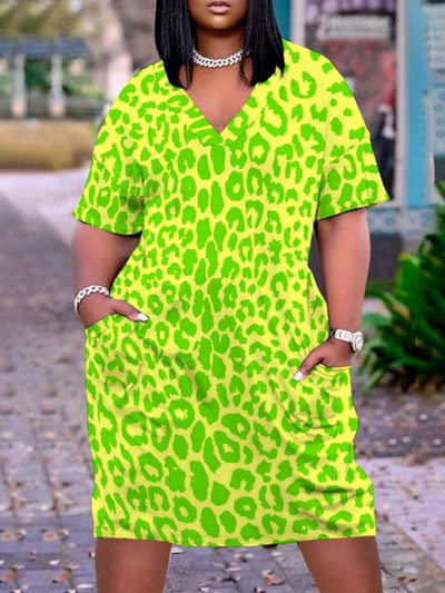 ZJFZML ZZ Liela izmēra sieviešu T-kreklu kleitas ar leoparda apdruku līdz ceļgaliem Vintage Deep V kakla izgriezuma kleita ar īsām piedurknēm ar slīpām kabatām