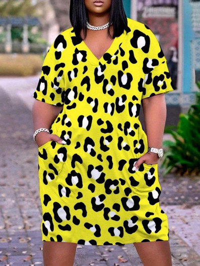 ZJFZML ZZ Liela izmēra sieviešu T-kreklu kleitas ar leoparda apdruku līdz ceļgaliem Vintage Deep V kakla izgriezuma kleita ar īsām piedurknēm ar slīpām kabatām