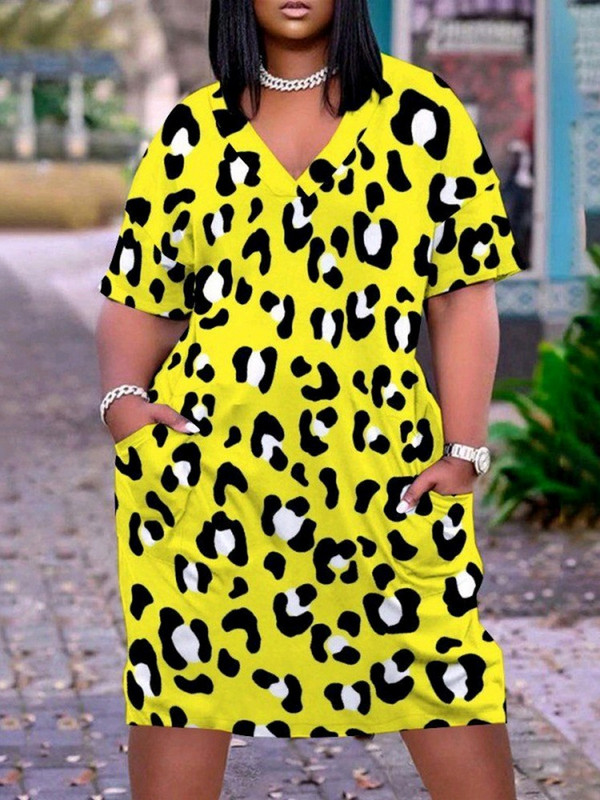 ZJFZML ZZ Liela izmēra sieviešu T-kreklu kleitas ar leoparda apdruku līdz ceļgaliem Vintage Deep V kakla izgriezuma kleita ar īsām piedurknēm ar slīpām kabatām