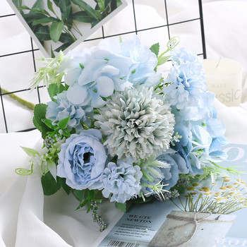 1 букет сини изкуствени цветя Божур Чаена роза Есенни копринени фалшиви цветя за Направи си сам хол Начало Градина Сватбена украса