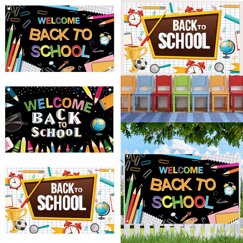 Laipni lūdzam atpakaļ skolā Reklāmkarogs Pirmā skolas diena Fona kolāžas reklāmkarogs Liels pirmās skolas dienas fotogrāfijas fons klasē