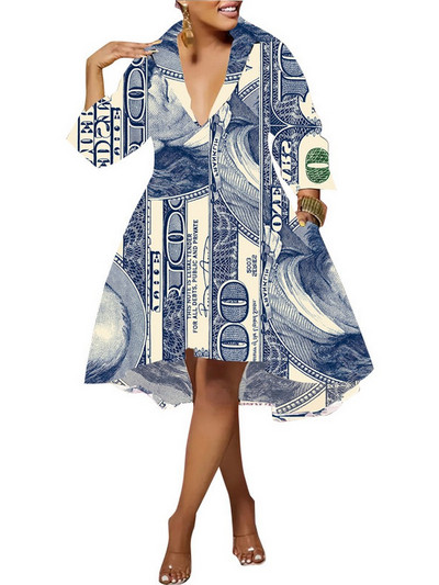 ZJFZML ZZ Liela izmēra sieviešu apģērbs Ģeometrisks ASV dolāra raksts, liels šūpojošs krekls, kleita, noliekta apkakle ar garām piedurknēm Vestidos