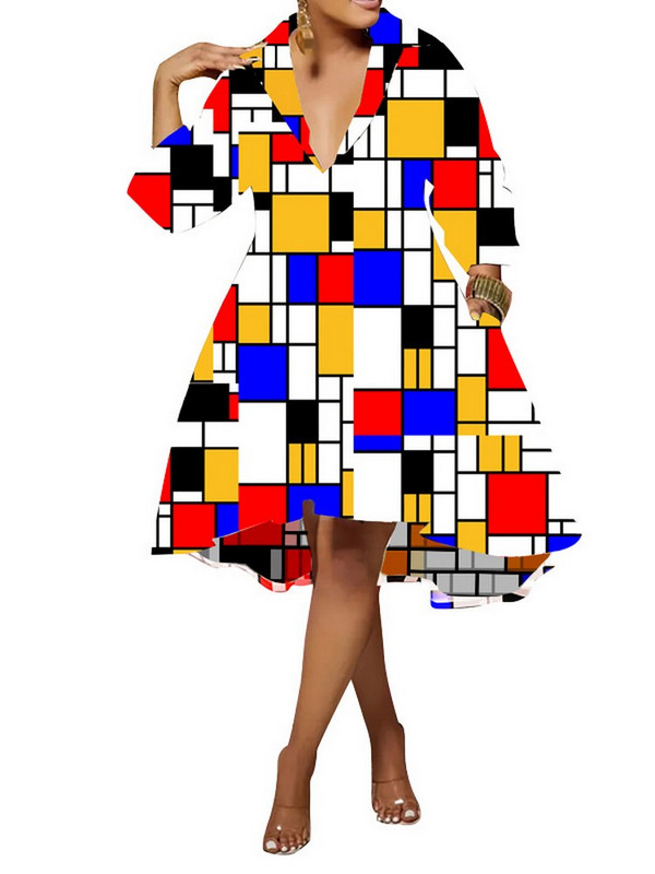 ZJFZML ZZ Liela izmēra sieviešu apģērbs Ģeometrisks ASV dolāra raksts, liels šūpojošs krekls, kleita, noliekta apkakle ar garām piedurknēm Vestidos