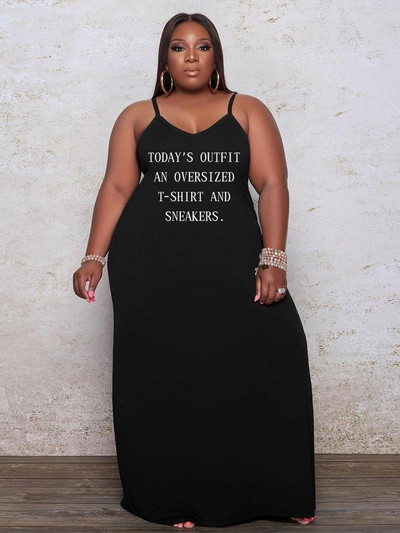 ZJFZML Γυναικεία μακρύ μάξι φορέματα ZZ Plus Size Απλό γράμμα μόδας στάμπα V λουράκι σπαγγέτι λαιμού Ρόμπα μπλουζάκι με φαρδύ μήκος στο πάτωμα