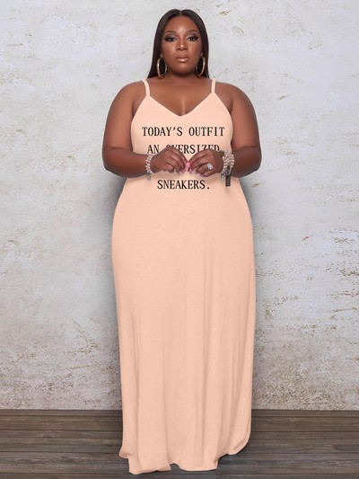 ZJFZML Γυναικεία μακρύ μάξι φορέματα ZZ Plus Size Απλό γράμμα μόδας στάμπα V λουράκι σπαγγέτι λαιμού Ρόμπα μπλουζάκι με φαρδύ μήκος στο πάτωμα