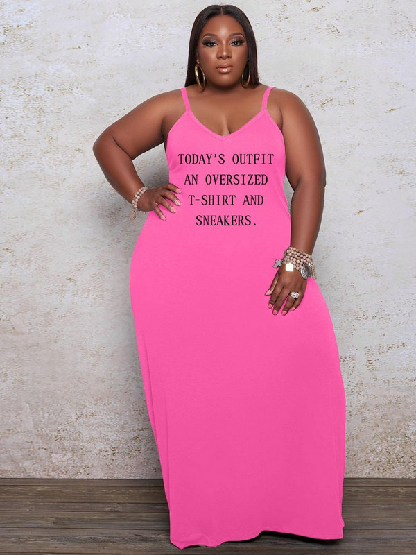 ZJFZML Γυναικεία μακρύ μάξι φορέματα ZZ Plus Size Απλό γράμμα μόδας στάμπα V λουράκι σπαγγέτι λαιμού Ρόμπα μπλουζάκι με φαρδύ μήκος στο πάτωμα