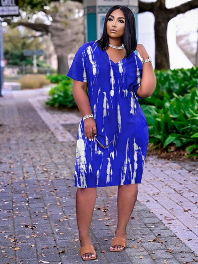 ZJFZML ZZ Nagy méretű női nyakkendőfestékes nyomott pólóruhák Hipster Deep V nyakú rövid ujjú térdig érő ruha oldalzsebekkel