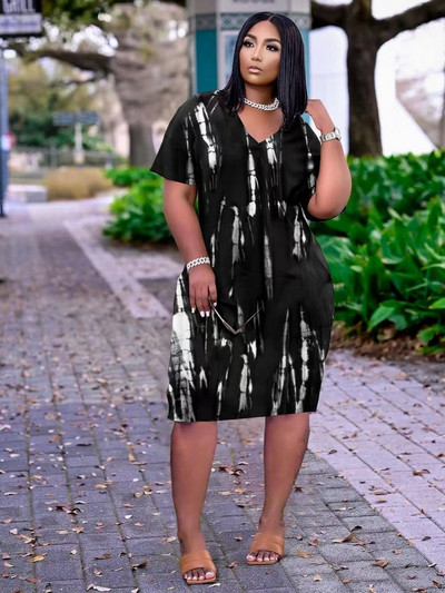 ZJFZML ZZ Nagy méretű női nyakkendőfestékes nyomott pólóruhák Hipster Deep V nyakú rövid ujjú térdig érő ruha oldalzsebekkel