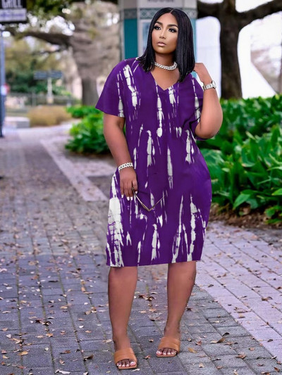 ZJFZML ZZ Nagy méretű női nyakkendőfestékes nyomott pólóruhák Hipster Deep V nyakú rövid ujjú térdig érő ruha oldalzsebekkel