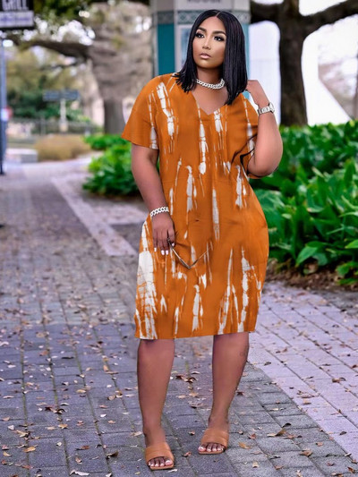 ZJFZML ZZ Nagy méretű női nyakkendőfestékes nyomott pólóruhák Hipster Deep V nyakú rövid ujjú térdig érő ruha oldalzsebekkel