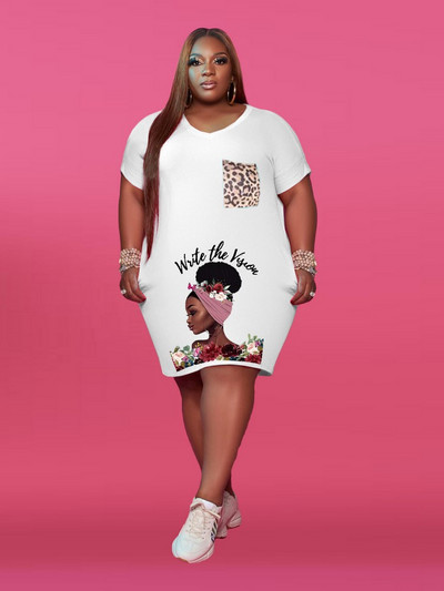 ZJFZML ZZ Liela izmēra sieviešu apģērbs Ikdienas apģērbs ar dziļu V kakla izgriezumu, īsām piedurknēm T-kreklu kleitas Vasaras burtu apdruka Priekšējās kabatas Vestidos