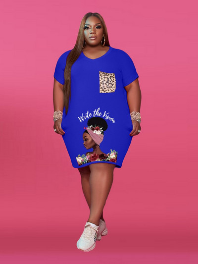 ZJFZML ZZ Liela izmēra sieviešu apģērbs Ikdienas apģērbs ar dziļu V kakla izgriezumu, īsām piedurknēm T-kreklu kleitas Vasaras burtu apdruka Priekšējās kabatas Vestidos