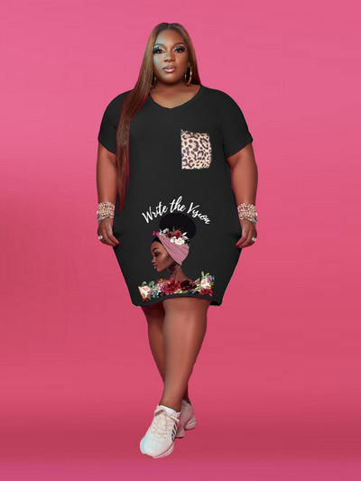 ZJFZML ZZ Liela izmēra sieviešu apģērbs Ikdienas apģērbs ar dziļu V kakla izgriezumu, īsām piedurknēm T-kreklu kleitas Vasaras burtu apdruka Priekšējās kabatas Vestidos