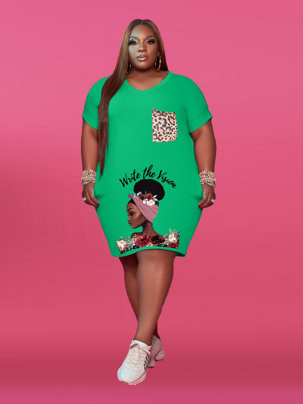 ZJFZML ZZ Liela izmēra sieviešu apģērbs Ikdienas apģērbs ar dziļu V kakla izgriezumu, īsām piedurknēm T-kreklu kleitas Vasaras burtu apdruka Priekšējās kabatas Vestidos