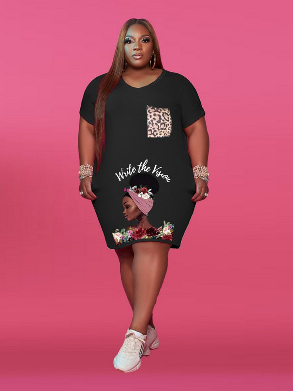 ZJFZML ZZ Liela izmēra sieviešu apģērbs Ikdienas apģērbs ar dziļu V kakla izgriezumu, īsām piedurknēm T-kreklu kleitas Vasaras burtu apdruka Priekšējās kabatas Vestidos