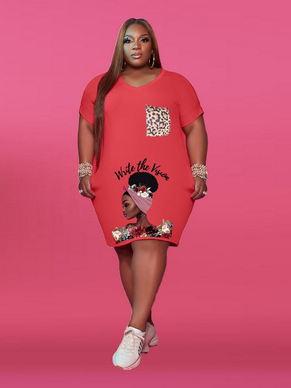 ZJFZML ZZ Liela izmēra sieviešu apģērbs Ikdienas apģērbs ar dziļu V kakla izgriezumu, īsām piedurknēm T-kreklu kleitas Vasaras burtu apdruka Priekšējās kabatas Vestidos