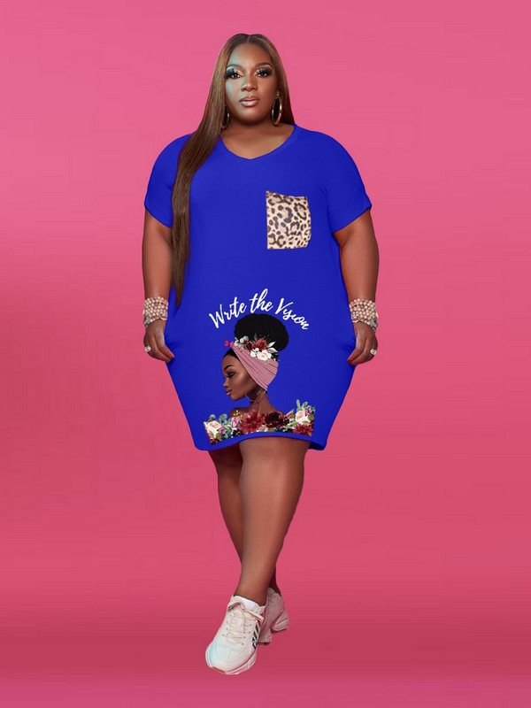 ZJFZML ZZ Liela izmēra sieviešu apģērbs Ikdienas apģērbs ar dziļu V kakla izgriezumu, īsām piedurknēm T-kreklu kleitas Vasaras burtu apdruka Priekšējās kabatas Vestidos