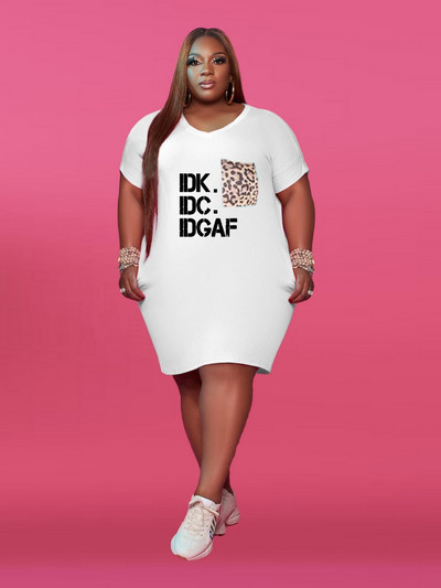 ZJFZML ZZ Plus Size Γυναικεία Ρούχα Γράμμα Print Βαθιά V λαιμόκοψη κοντομάνικο μπλουζάκι πάνω από το γόνατο Φόρεμα με λεοπάρ τσέπες