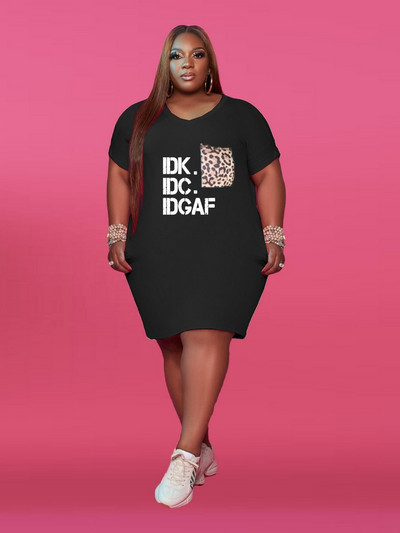 ZJFZML ZZ Plus Size Γυναικεία Ρούχα Γράμμα Print Βαθιά V λαιμόκοψη κοντομάνικο μπλουζάκι πάνω από το γόνατο Φόρεμα με λεοπάρ τσέπες
