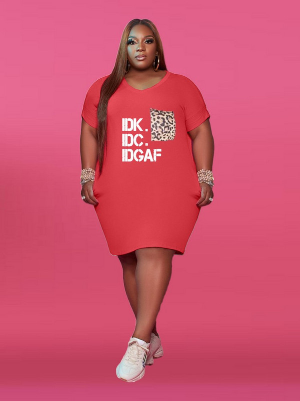 ZJFZML ZZ Plus Size Γυναικεία Ρούχα Γράμμα Print Βαθιά V λαιμόκοψη κοντομάνικο μπλουζάκι πάνω από το γόνατο Φόρεμα με λεοπάρ τσέπες