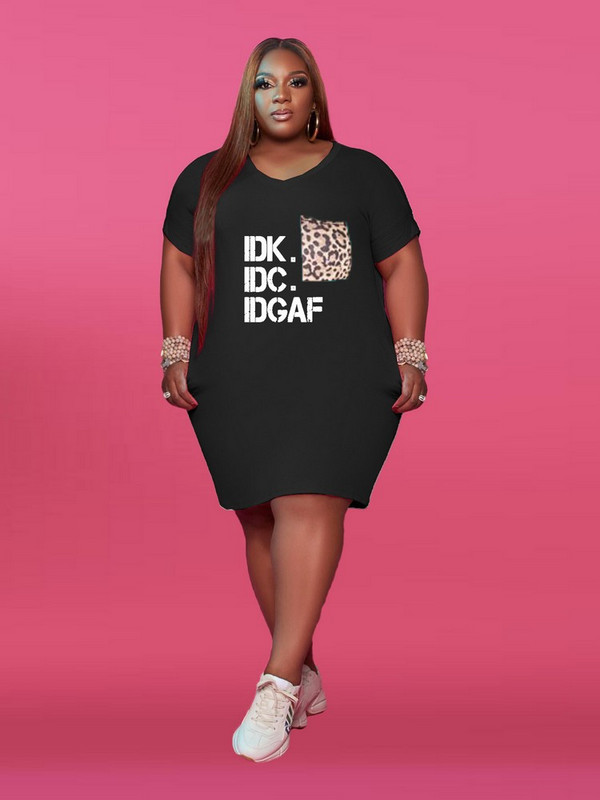 ZJFZML ZZ Plus Size Γυναικεία Ρούχα Γράμμα Print Βαθιά V λαιμόκοψη κοντομάνικο μπλουζάκι πάνω από το γόνατο Φόρεμα με λεοπάρ τσέπες