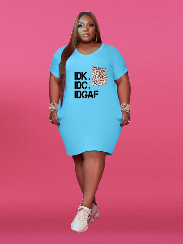 ZJFZML ZZ Plus Size Γυναικεία Ρούχα Γράμμα Print Βαθιά V λαιμόκοψη κοντομάνικο μπλουζάκι πάνω από το γόνατο Φόρεμα με λεοπάρ τσέπες