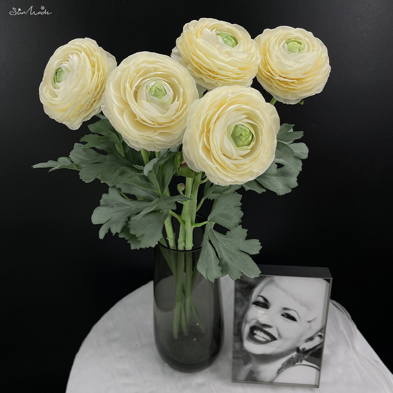 SunMade Ins 2 fejű Ranunculus ág Esküvői asztal dekoráció Szobadekoráció Hamis növények Virágkötészeti kellékek Házasság Flores
