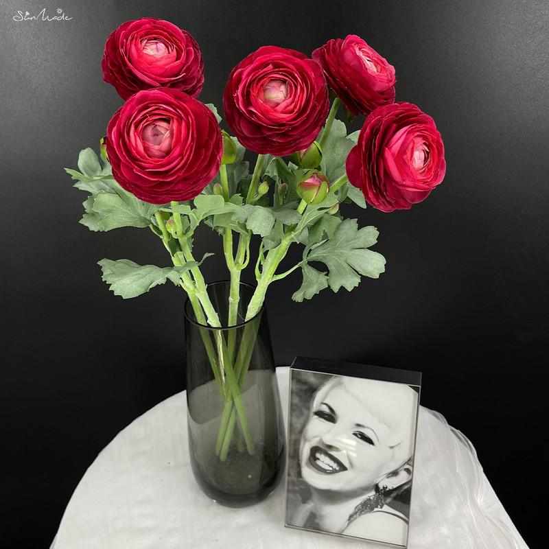 SunMade Ins 2 fejű Ranunculus ág Esküvői asztal dekoráció Szobadekoráció Hamis növények Virágkötészeti kellékek Házasság Flores