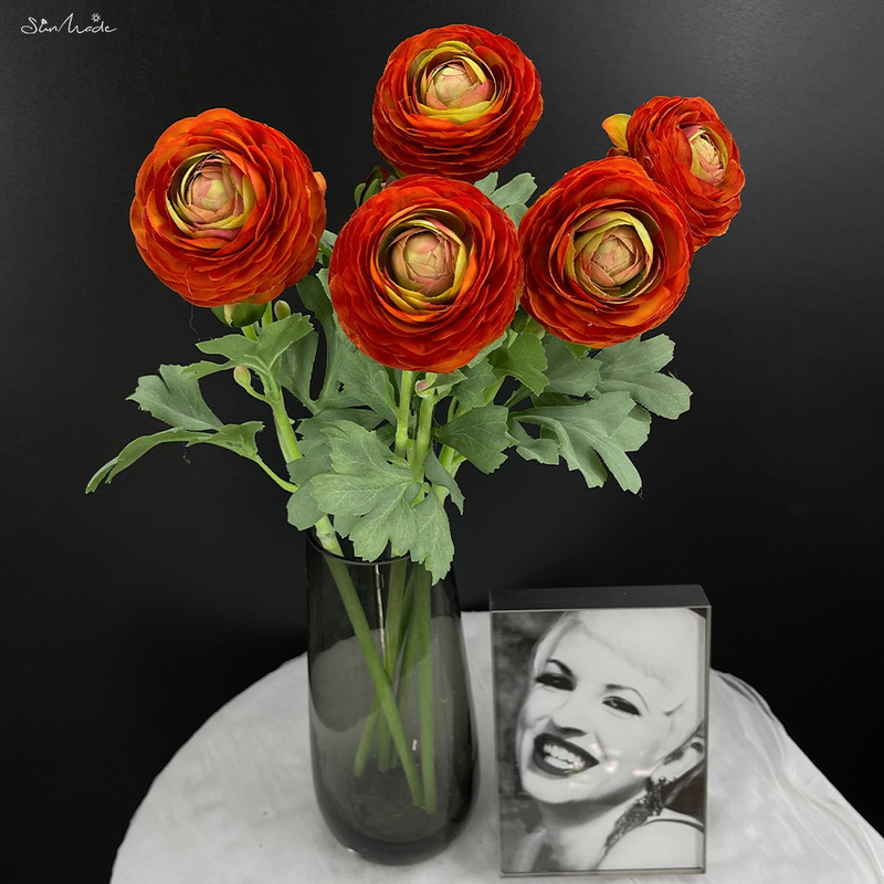 SunMade Ins 2 fejű Ranunculus ág Esküvői asztal dekoráció Szobadekoráció Hamis növények Virágkötészeti kellékek Házasság Flores