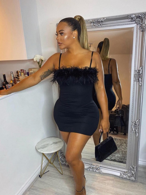 ZJFZML ZZ Nagy méretű női fekete tollas spagetti pántos Bodycon ruhák Midnight Clubwear party születésnapi koktélruha