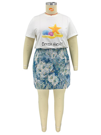ZJFZML ZZ Plus Size Two Piece Σετ φούστας για γυναίκες με βαθύ V λαιμόκοψη μακρυμάνικο μπλουζάκι και ψηλόμεσο φλοράλ στάμπα Bodycon