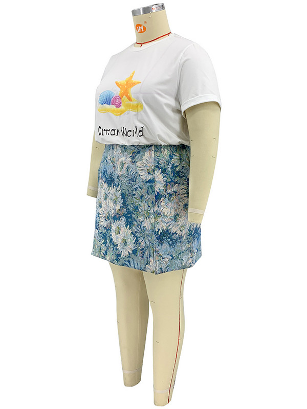 ZJFZML ZZ Liela izmēra divdaļīgie svārku komplekti sievietēm ar dziļu V kakla izgriezumu, garām piedurknēm, apgrieztiem topi un ar ziedu apdruku ar augstu vidukli