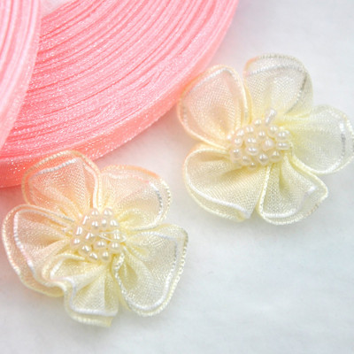 Upick 20 gab. Organzas lentes ziedi bantītes ar pērlītēm Aplikācijas Amatniecības Kāzas Dec A008