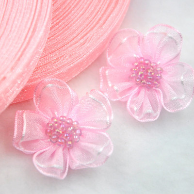 Upick 20 gab. Organzas lentes ziedi bantītes ar pērlītēm Aplikācijas Amatniecības Kāzas Dec A008