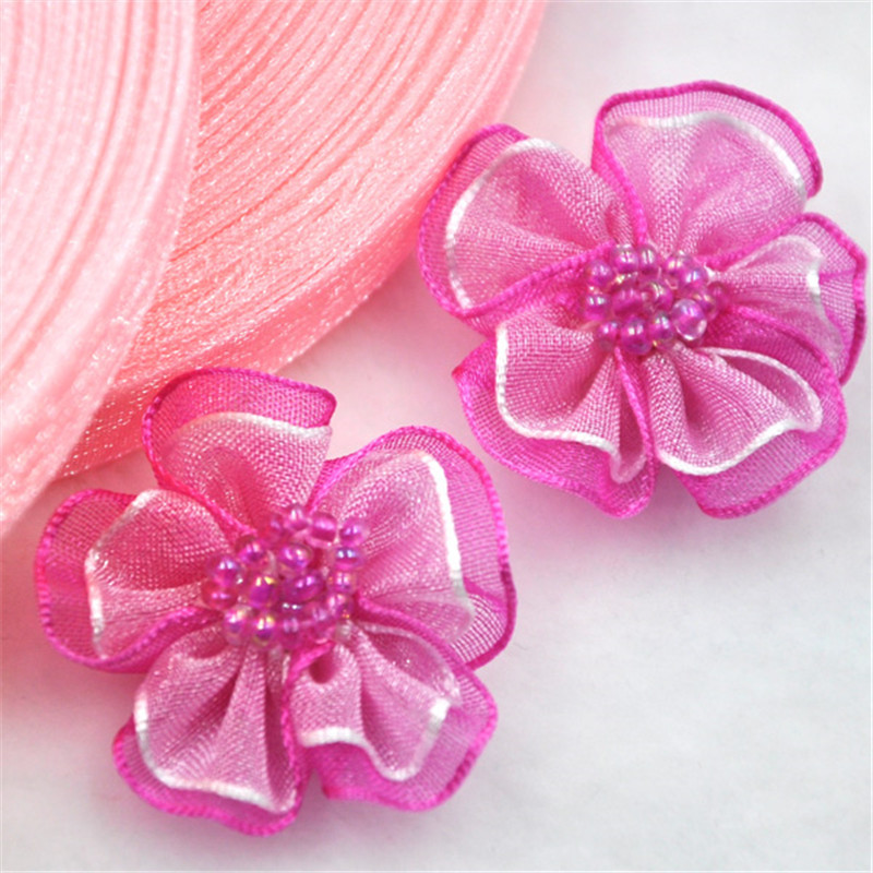 Upick 20 gab. Organzas lentes ziedi bantītes ar pērlītēm Aplikācijas Amatniecības Kāzas Dec A008