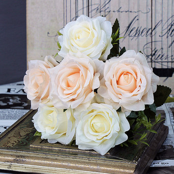 Бяла роза Изкуствени цветя Копринен букет Висококачествена голяма роза за сватбена украса Фалшиви цветя Червени за домашен декор на маса