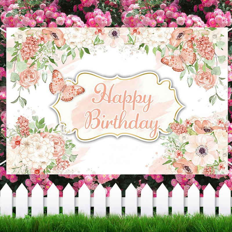 Rozā tauriņa dzimšanas dienas ballītes foni kāzu dekorācijas foto kabīnes fons bērnu dušas meitenei piekārtiem karoga fona rekvizītiem