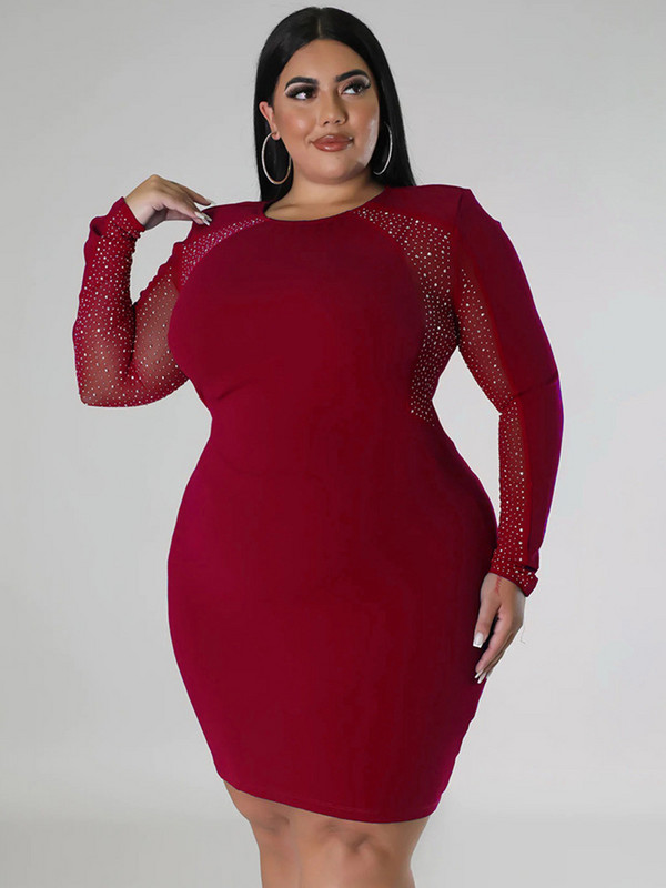 ZJFZML ZZ Liela izmēra caurspīdīga sieta karstās urbšanas procesa dzimšanas dienas kleita sievietēm ar garām piedurknēm, ķermeņa formu veidojoša kleita virs ceļgaliem